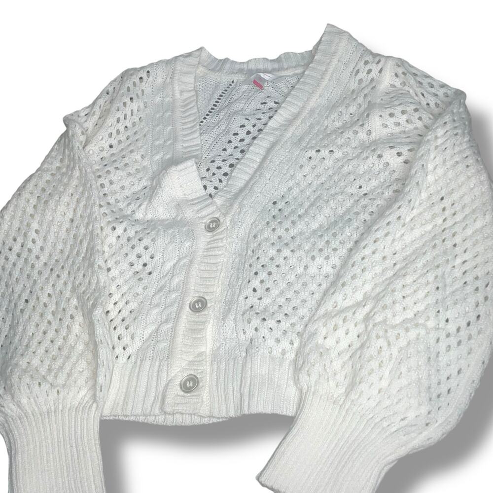 No Boundaries Juniors L 11-13 White Mesh Cardigan Open Front Knit Sweater NWT - Picture 3 of 11